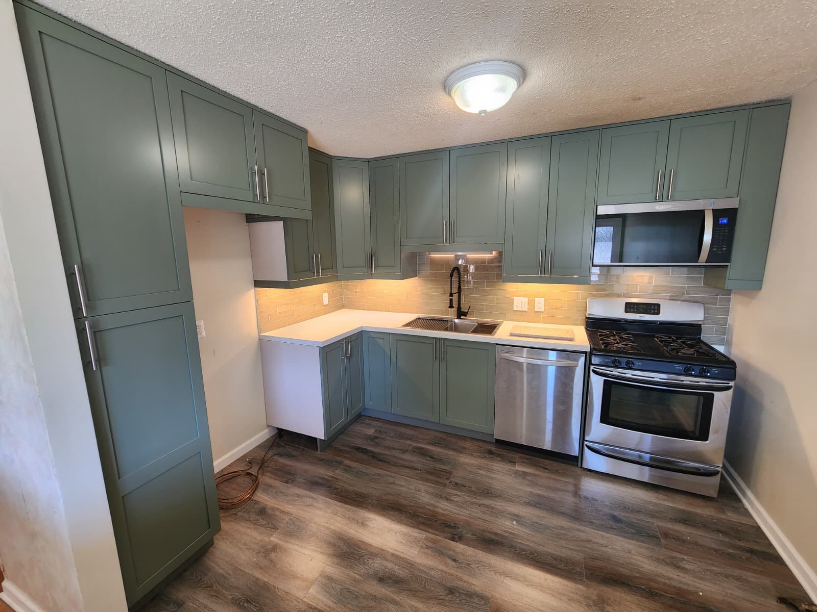 Green-cabinet kitchen with full-height pantry, stainless appliances, and quartz counters.